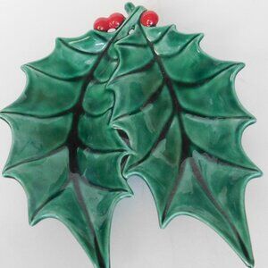 Green Holly Leaf Berry Stem Christmas Candy Dish  VTG 70's Atlantic Mold